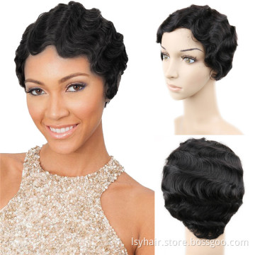 Short Pixie Cut Finger Wave Wig 100% Human Hair,  Non Lace Machine Made Pixie Wavy Short Human Hair Wigs For Black Women